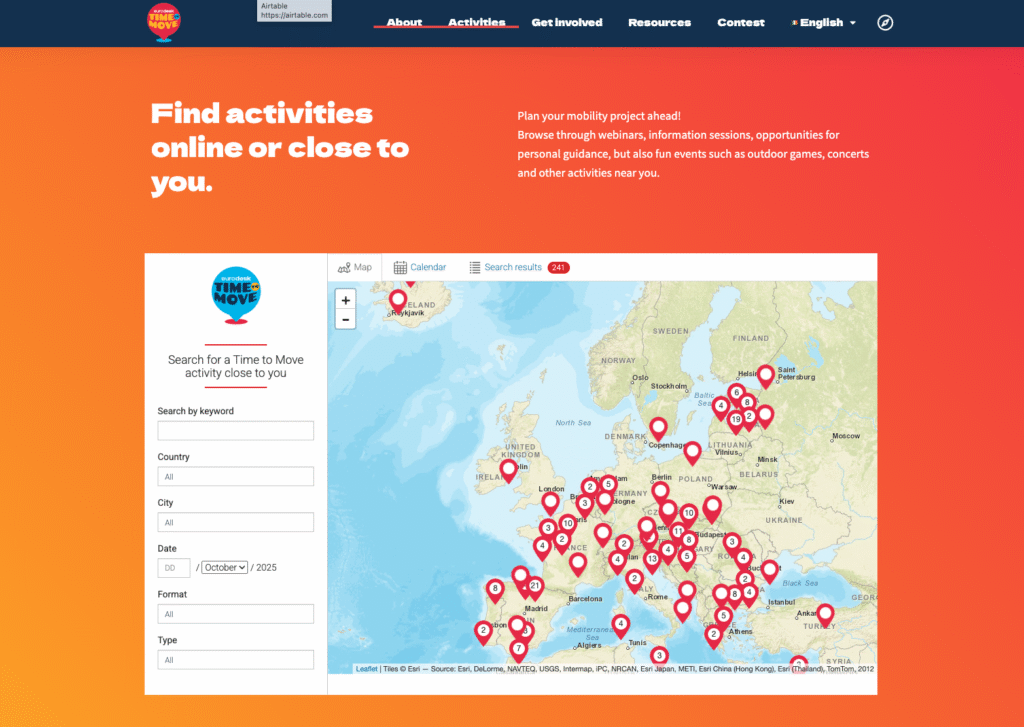 Map of Europe with activity markers, search form on left for filtering activities, orange gradient background with promotional text.